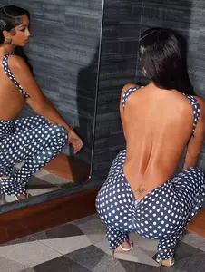 Weird Puss Dot Print Women 2 Piece Set Tracksuit Sexy Backless Halter Tank Tops+Leggings Matching Streetwear Stretch Outfits