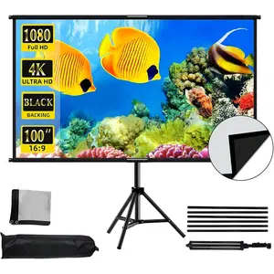 Projector Screen with Stand 100 inch,Indoor Outdoor Projection Screen with Black Backing,16:9   Wrinkle-Free Tripod Screen for Projector with Storage Bag