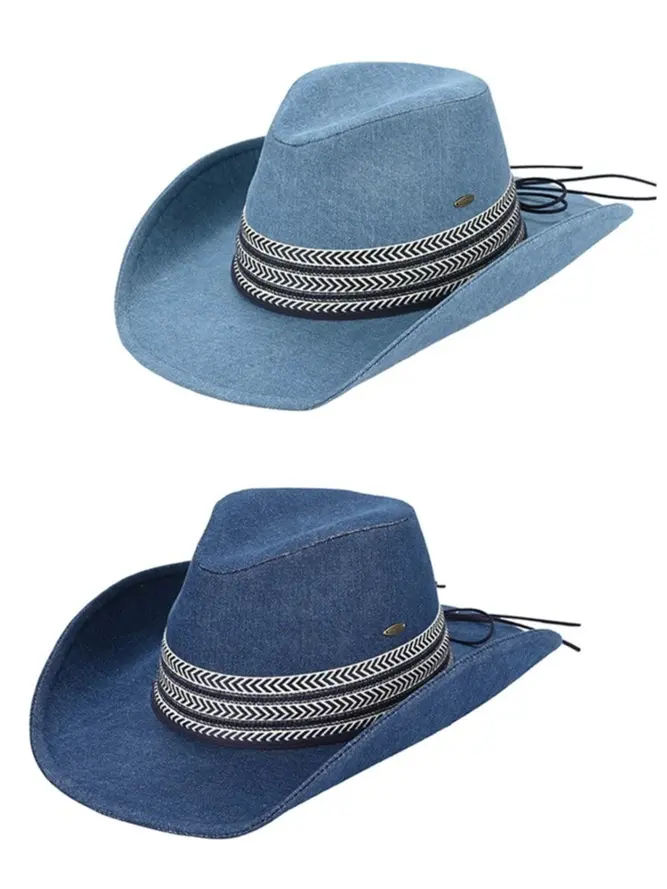 C.C Panama Fedora Summer Denim Cowboy Hat With Geometric Trim Bands