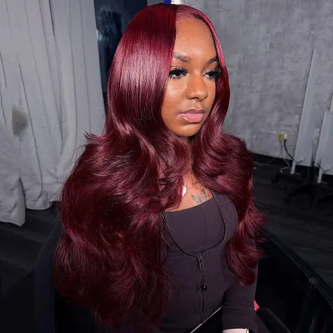 Dark 99J 13x4 Lace Front Real Human Hair Wigs 180% Density Transparent Lace Frontal Body Wave Wigs Burgundy Colored Remy Wig Pre Plucked Natural Hairline for Women