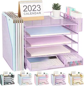 Desk Organizer with File Holder, 5-tier Paper Letter Tray File Organizer with Drawer and Pen Holder, Metal Classroom Organization Office Accessories for School Office Supplies(Purple)