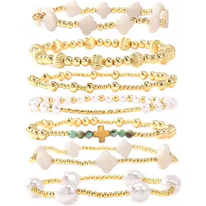 Dainty Cross Clover Gold Beaded Pearl Bracelet Stack for Women,Handmade Boho Gold Plated Beads Stretch Stackable Bracelets Fashion Birthday Prom Jewelry Accessories Gift Friendship