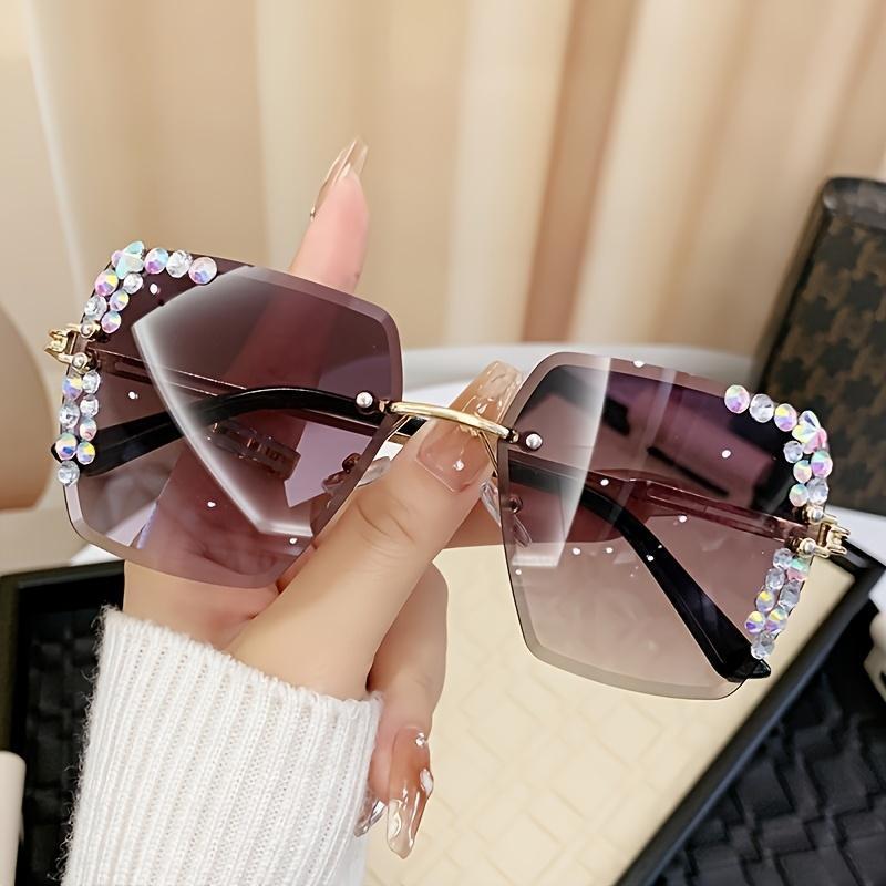 Frameless Gradient Fashion Glasses for Women Pink-Plated Metal Accents Square Lenses Lightweight Eyewear for Casual Outings and Photo Shoots Oversized Aviator Nighttime Yellow Tint Trendy Rectangle Sunglasses Cute Women's Cat Eye Sunglasses