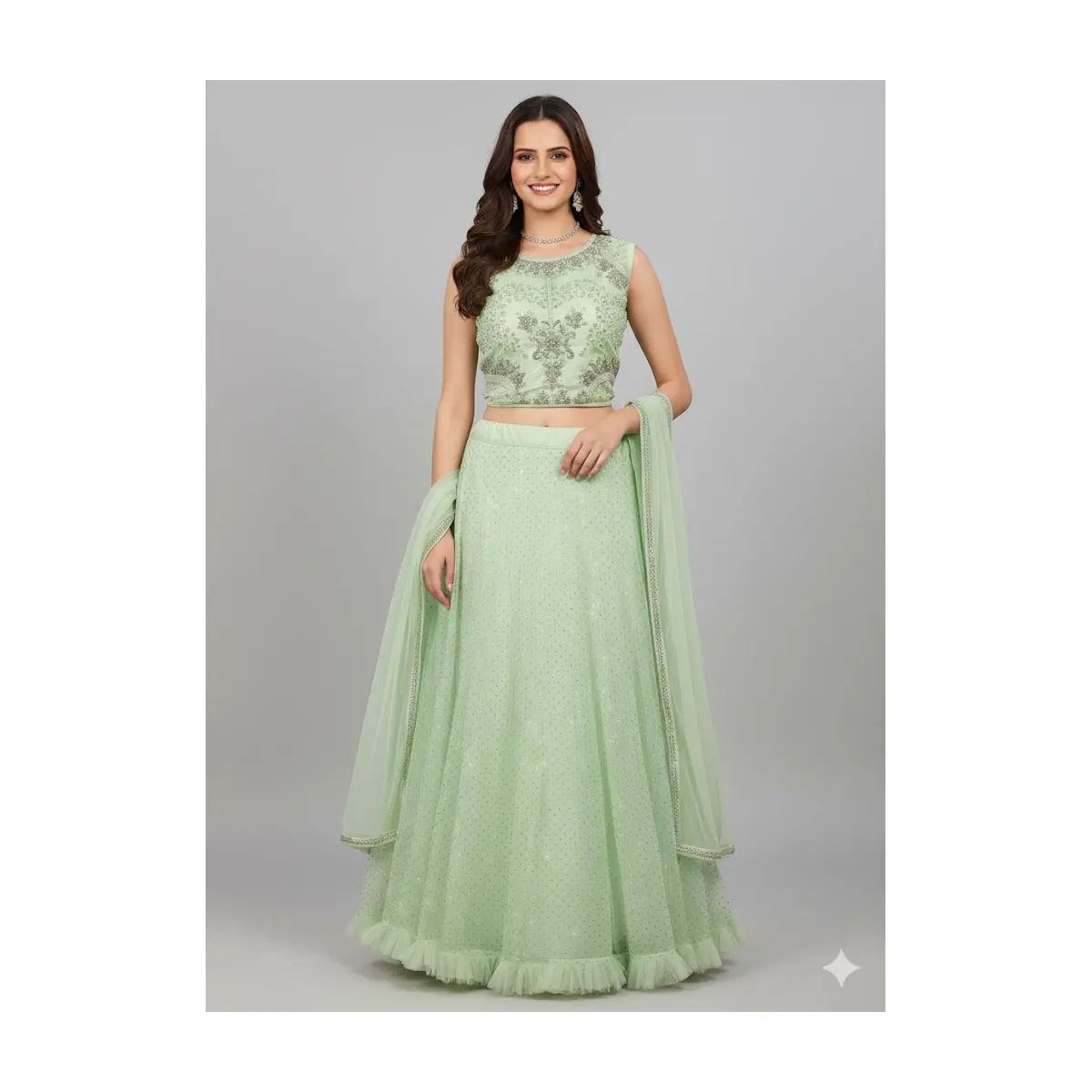LSET-10 Ethereal Mint Green Lehenga Set with Embroidered Crop Top (Sleeve attached) Flared Skirt & Flowing Dupatta for Weddings Parties