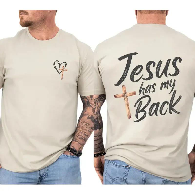 Jesus Has My Back T-Shirt – Christian Faith Shirt with Rustic Cross and Heart Design, Spiritual Gift for Believers
