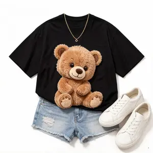 Women's Oversized Graphic Tees - Cute Fluffy Teddy Bear Print | Kawaii Trendy T-Shirt