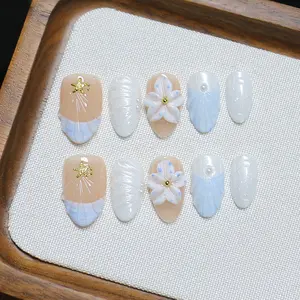 Elegant Almond Hand Drawn Graffiti Design Nails, Handmade Glossy Fake Nails for Women, 10 PCS Reusable False Nail