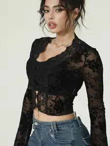 Deep V Neck Lace Detail Mesh Material Long Sleeve SEE-THROUGH Top Womenswear Shirts Blouse