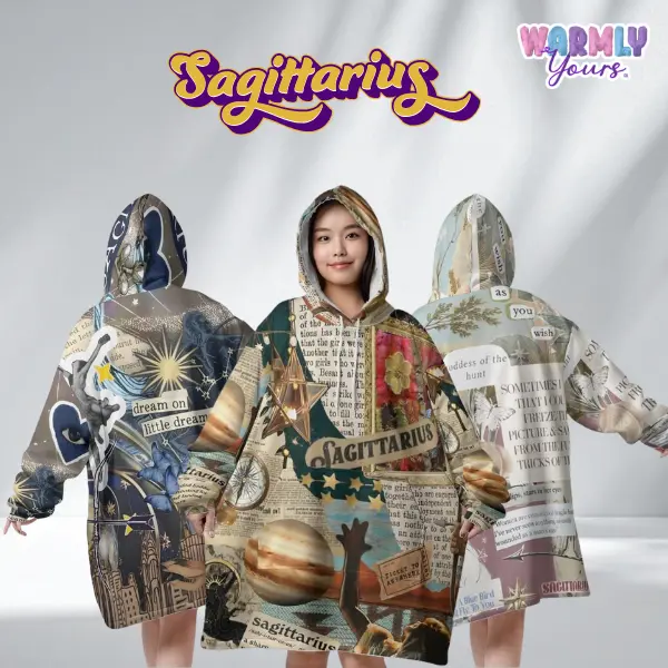 Celestial Sagittarius Vibes – Oversized Zodiac Sherpa Collage Hoodie Blanket | Astrology Wearable Blankets for Women, Men, Teens & Kids | Cozy comfort sweatshirt sweater Loungewear, Plus size sleepwear, Birthday Gifts, Christmas Gifts, Zodiac Gifts, wrap