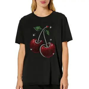 Shiny Cherry Print Women's 100% Cotton Short-sleeved Shirts, Casual Short-sleeved T-shirts, Summer Women's Clothing, Casual Short-sleeved T-shirts Womenswear Streetwear Crewneck