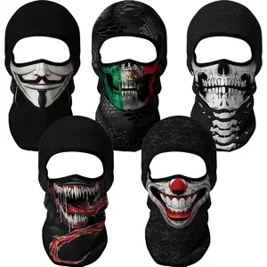 Red Plume 5PCS Ghosts Skull Print Balaclava Full Face Ski Mask UV Protection for Motorcycle Riding Outdoor Sports Men & Women