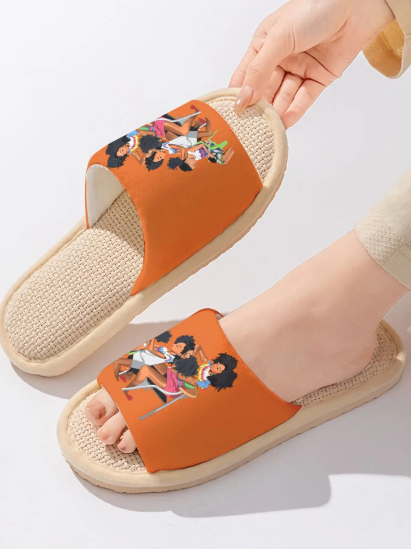 Black Mother & Daughter Hair Salon Print | Warm Heartwarming Style 1 Pair Linen Breathable Non-Slip Indoor & Outdoor Slippers For Moms & Hair Stylists (Spring & Summer)