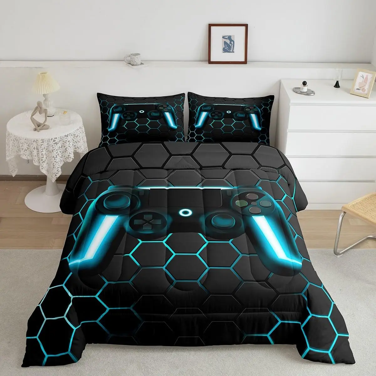 Feelyou Gamer Comforter Set - Soft Microfiber Soft Blanket Bedding, Neon Light Accents, Geometric Hexagon Pattern Bedding, All-Season Gamepad Design for Boys, Geometric Pattern Bedding