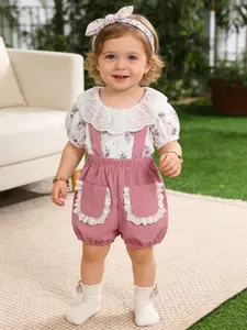 Girls' Floral Ruffle Collar Top & Lace Pocket Shorts Set, Sweet Summer, Cute Daily Wear for Kids