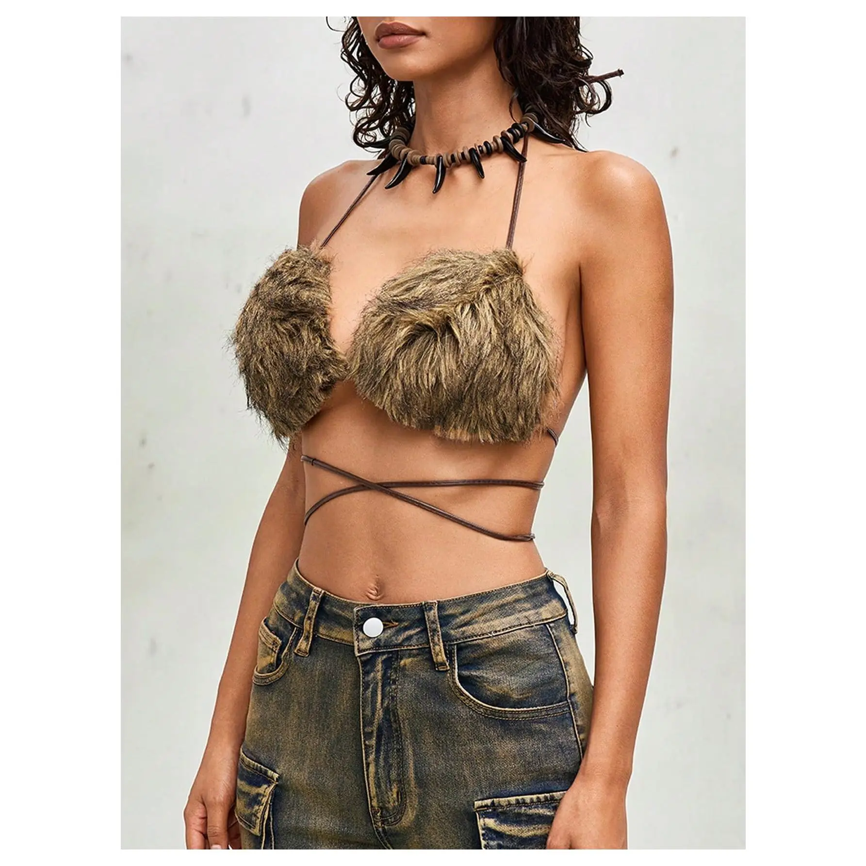Faux Fur Bra Top Furry Halter Backless Crop Tops Criss Cross Tank Top Rave Party Clubwear