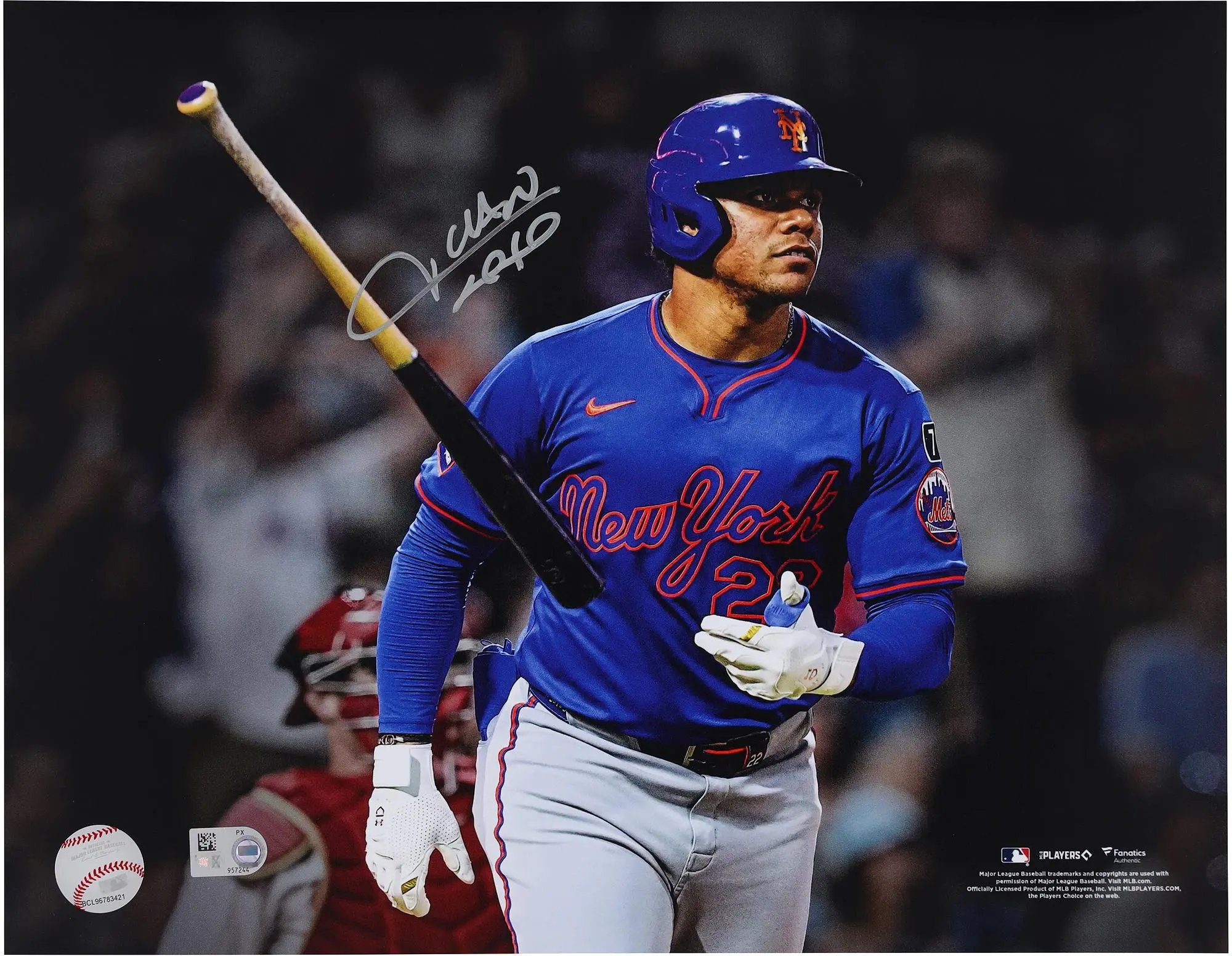 Juan Soto New York Mets Autographed 11" x 14" Home Run Bat Flip Spotlight Photograph - Fanatics Authentic Certified