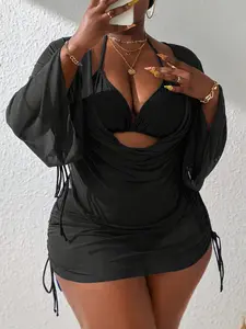 Pearl Tie Long Sleeve Swimsuit Top with Skirted Bottoms - Women's Three-Piece Set