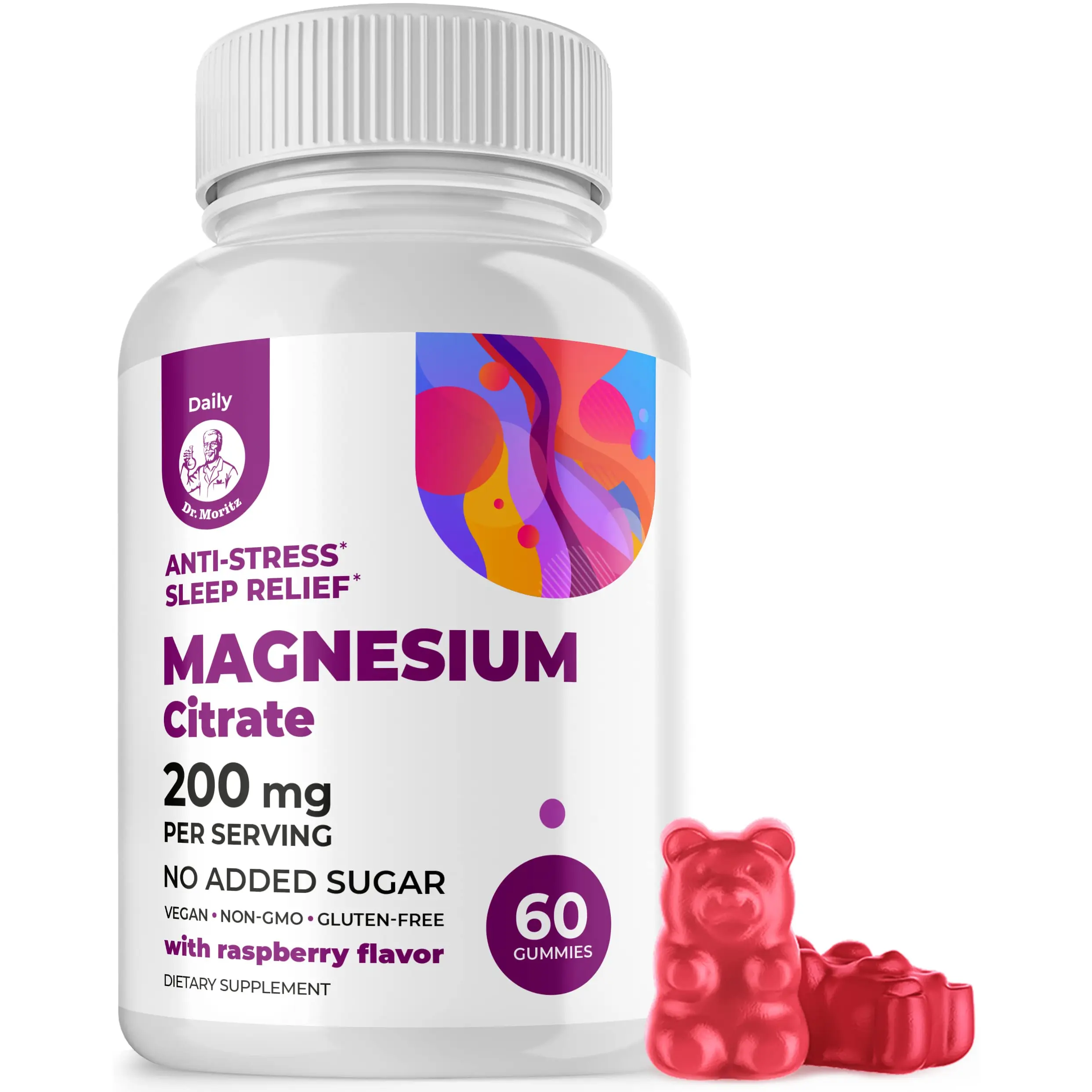 DR. MORITZ Magnesium Citrate Gummies for Adults - 200 mg Sugar-Free Calm Gummies with Raspberry Flavor - Non-GMO, Vegan, Gluten-Free, 60 Count - Healthcare
