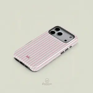 1PC Pink Stripe KK Monogram Print Phone Case, Rugged Shockproof 2in1 Protective Cover for iPhone 17 16 15 14 13 12 Pro Max, Samsung Galaxy S25 S24 S23 S22 Ultra Series Holiday Gift Minimalist Fashion Case Phone Cover Casing