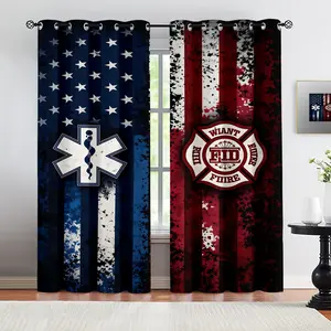 American Flag Style EMS Firefighter Print Blackout Curtains, Red White Blue Professional Themed Room Darkening Curtains for Bedroom Living Room, Thermal Insulated Noise Reducing Window Treatments, 2 Panels