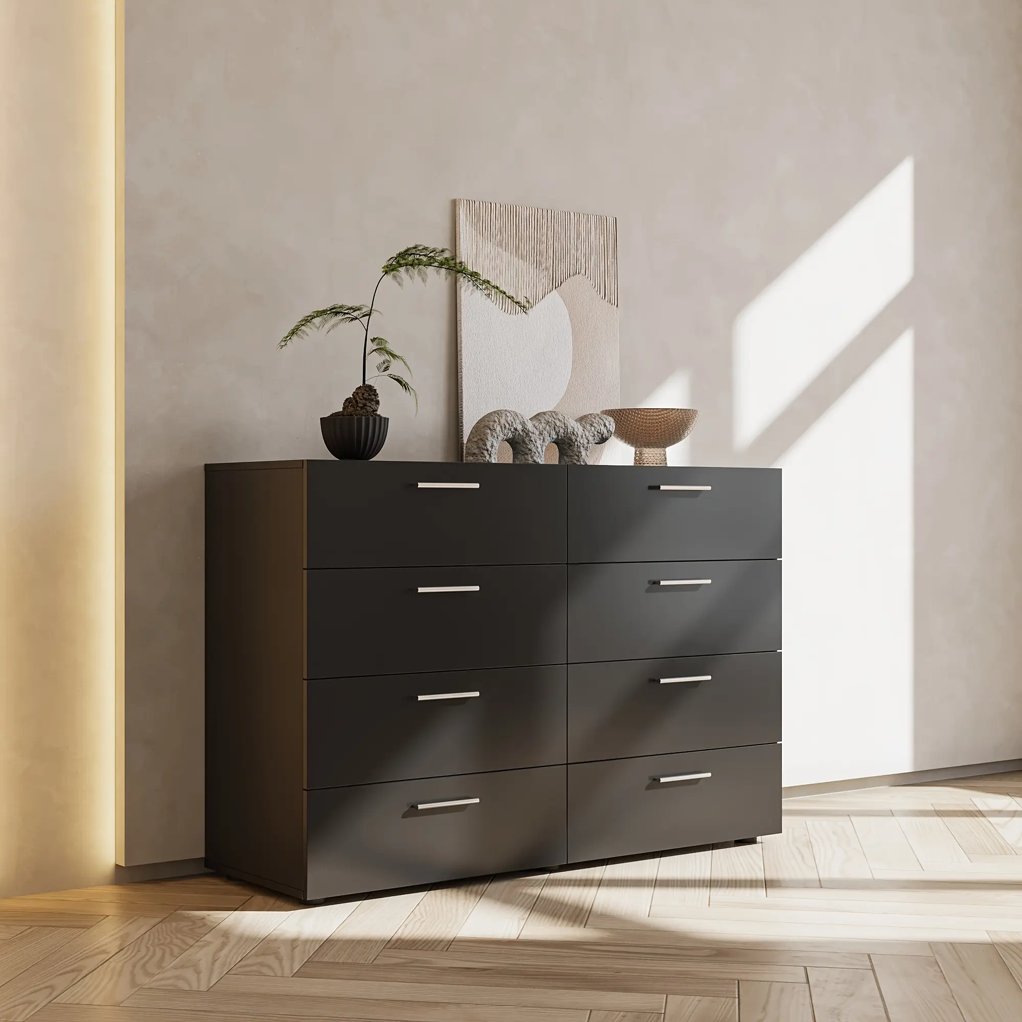 Home Essentials 8 Drawer Double Dresser For Bedroom, Wide Storage Cabinet For Living Room Home Entryway, Black
