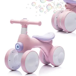 Baby Balance Trike for 12-36mths Olds, 4-Wheel Pedal-Less Ride-On Kidstoys with Musical Fun, Bubble Light, Birthday Gift for Toddlers