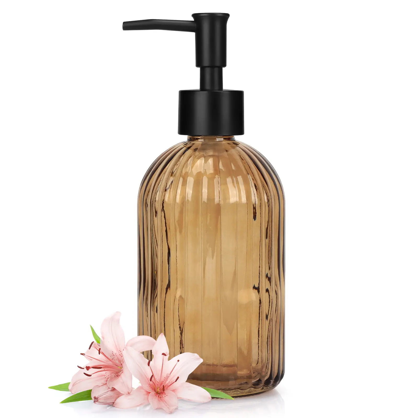 Stripe-Patterened Glass Soap Dispenser with Black Plastic Pump, 400ml Liquid Hand Soap Dispenser, Rustproof Pump for Kitchen & Bathroom, Great for Lotions, Essential Oil, Liquid Soaps-Amber