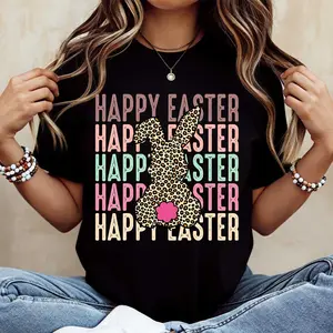 Happy Easter Bunny Leopard Print Text Tshirt Black Crew Neck Casual Tee For Easter Celebration