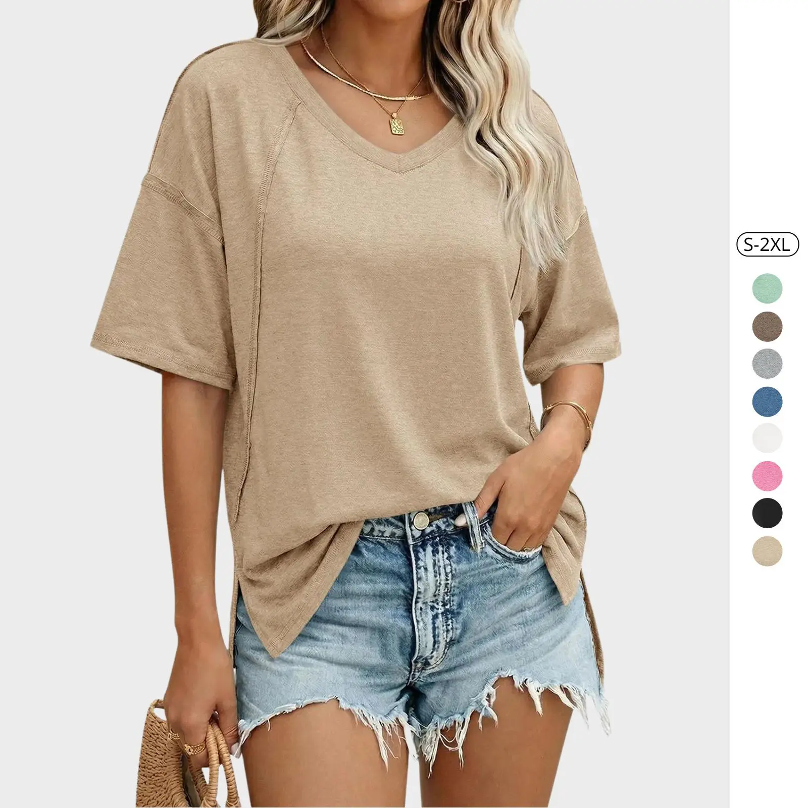 Imily Bela Womens Oversized T Shirts Short Sleeve Summer Casual V Neck Tunic Tops Loose Fit Side Split Basic Tee Tops