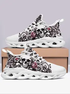 Men's Floral Skull & Rose & Flame Print Lace Up Low Top Sneakers, Casual Comfortable Breathable Sports Running Shoes, Male All-match Round Toe Shoes for Daily Wear