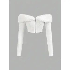 Faux Fur Off Shoulder Crop Coat Zip Up Fuzzy Jackets Long Sleeve Knitted Outerwear