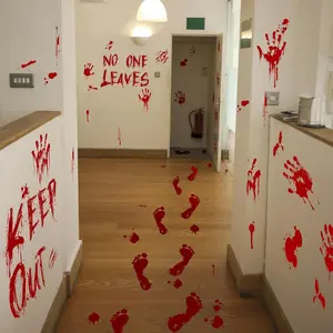 Halloween Bloody Footprint & Handprint Floor Stickers - 12 Sheets for Indoor Outdoor Decorations - Realistic Design with "NO ONE LEAVES" & "KEEP OUT" Signs - Easy Application & Removal - Perfect for Haunted House & Party Atmosphere