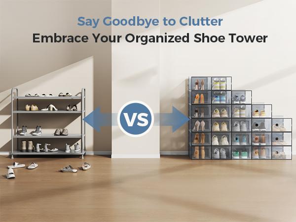 Clear Shoe Storage Boxes, 12-Pack Plastic Stackable Shoe Containers with Lids, Display Sneaker Case Organizer for Closet, Under Bed, Entryway,Black (Fit Size 9)