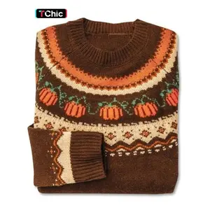 Women's Casual Round Neck Pumpkin Jacquard Sweater for Halloween, Fitted Knit Pullover for Fall & Winter, Comfortable and Stylish, Womenswear
