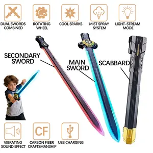 7-Color Changing Kids' Light Saber with Dynamic Sound Effects & Mist Spray Realistic Spark Effect Type-C Charging Dual-Sword Combination Mode Cool Birthday Gift Retractable Multi-Color Lightsaber Toy