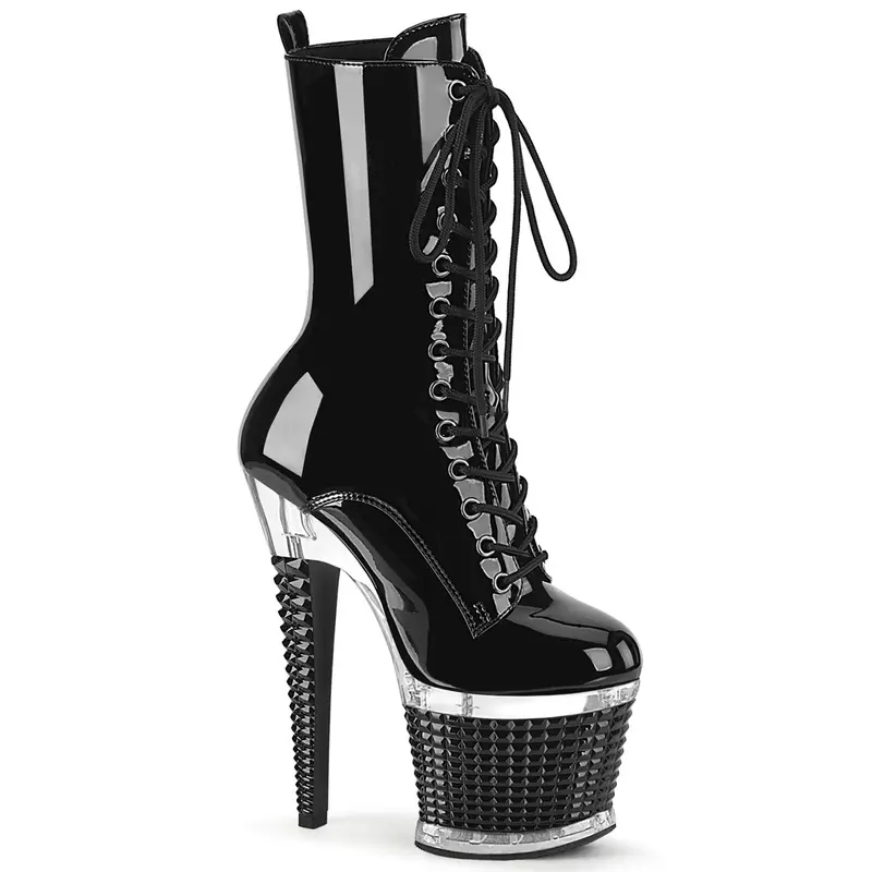 Pleaser Women's Spectator-1040 Black Lace-Up Mid-Calf Boots - 7 in Height Increase, Laces, Textured Platform Base, Zip, Rebellious Statement Shoes