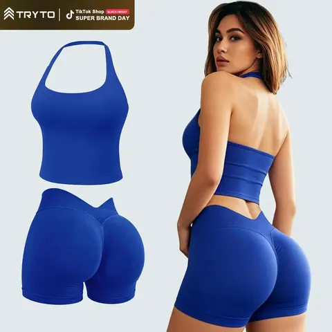[SIZE UP 1] TRYTO Two Pieces suit Impact Halter Top & V-Back Scrunch Shorts  High Support Butt Lifting Gym Yoga Activewear Set #BackToSchool