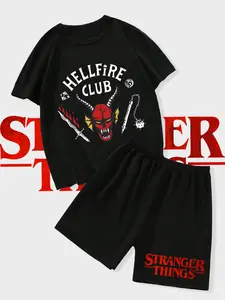 Men's Casual Sleepwear Loungewear Pajama Set, Short Sleeve Shorts, Hellfire Club Demon Head Weapon Print, Spring Summer New, Fitted Style