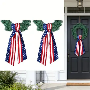 4th of July Wreath Sash for Front Door, 2pcs Red White and Blue Stripe Patriotic Wreath Satin Sash Accessories for Party Wall Doorway Porch Decoration