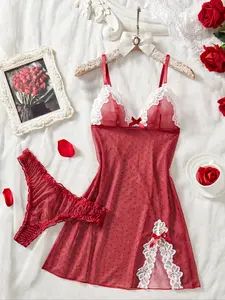 Women's Sexy Semi-Transparent Casual Halter Sleepwear Set, Polka Dot Print, Adjustable Thin Straps, Side Slit Design, Soft High Stretch Fabric