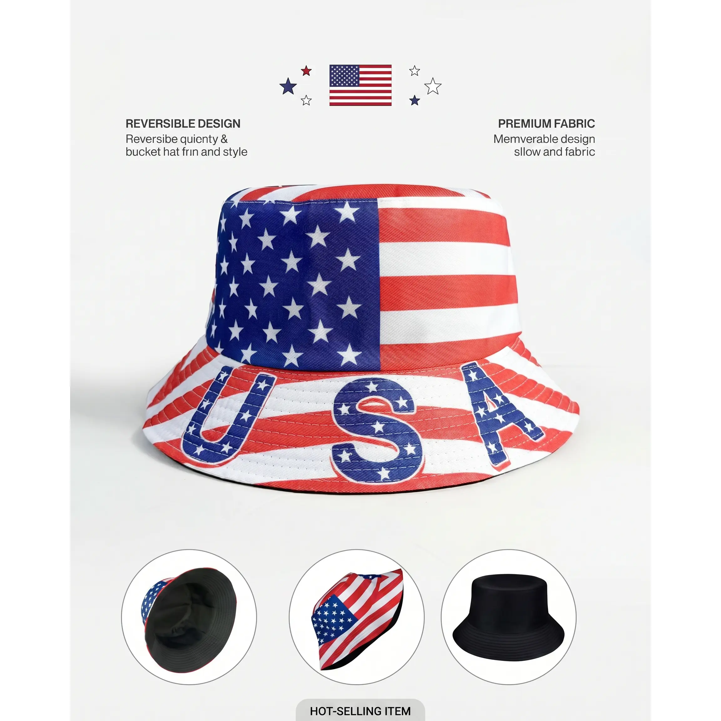American Flag Pattern Reversible Bucket Hat -Cool Breathable Fisherman Hiking Beach Fit Cap, American-Themed Graphic Hat for Men & Women, Packable Outdoor Sun Protection Cap with Cords, Premium Mesh , Hiking Hats, Embroidery Trendy Hat, beach essentials