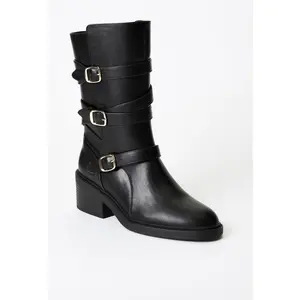 JUST FAB Women Pointed Toe Buckle Strap Mid-Calf Chunky Heel Boots Flat Boot Functional Inside Zipper Easy Pull on Fashion Boot Everyday Wear Party Outdoor Concert Wedding Dress Shoe