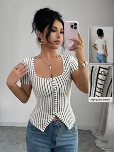 Women's Striped Casual Summer Top, Slim-Fitting Short Sleeve Shirt Without Collar, Office Daily Commute Wear, All Seasons