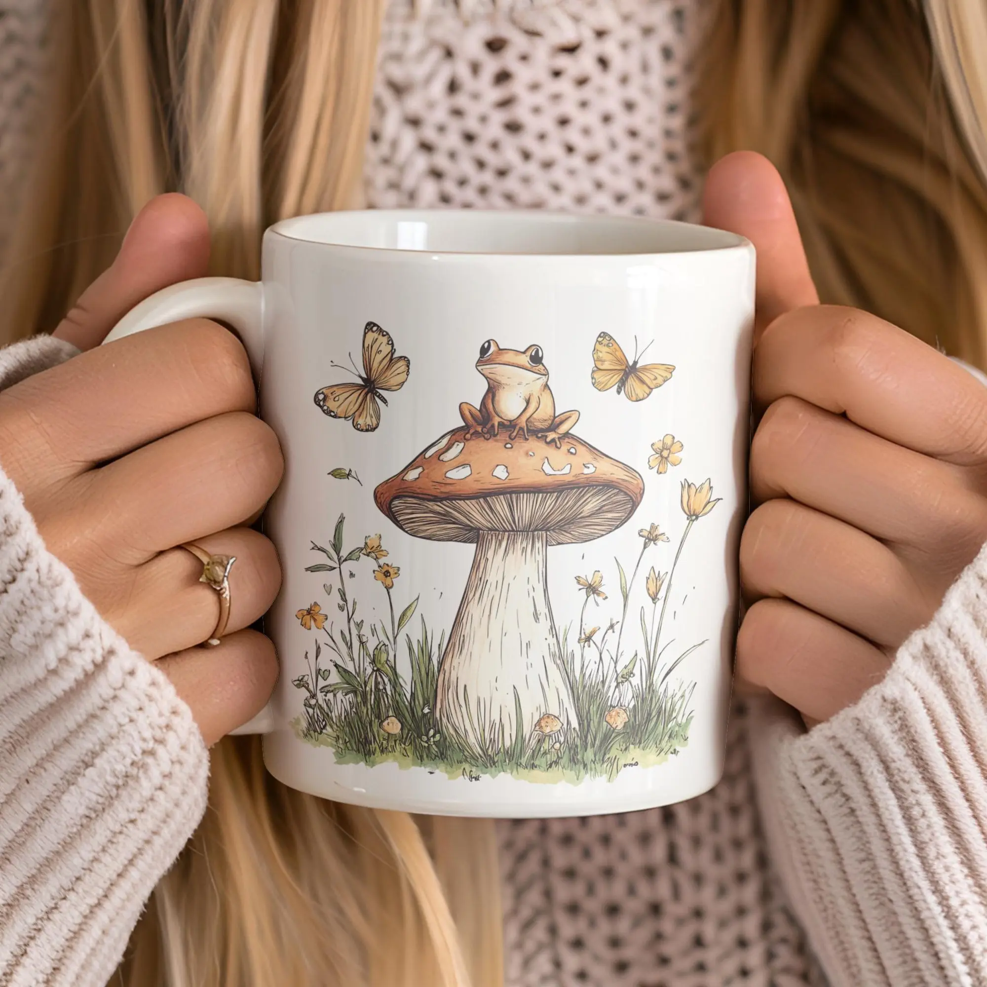 Whimsical Frog Mushroom Coffee Cup, Frog Lover Nature Ceramic Mug, Boho Botanical Mushroom Mugs, Cute Mushroom Cup Gift for Her