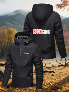 Men's Hooded Outdoor Fleece Jacket, Rockshox Pattern, Multi-Color Sports Functionality, Mountain Cycling & Daily Wear, Breathable & Durable
