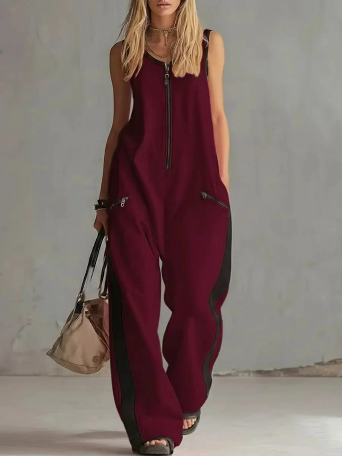 2026 Summer New Sleeveless Jumpsuit, Zipper Round Neck Casual Jumpsuit, Colorblock Striped Baggy Wide Leg Pants, Multi-Color Sporty Jumpsuit Overalls