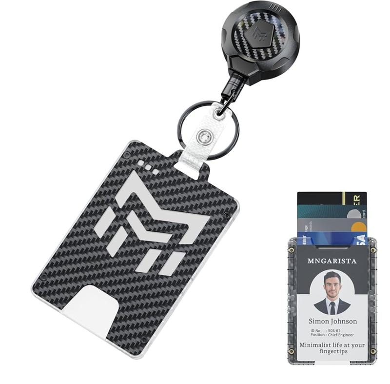 MNGARISTA Retractable Badge Holder, Heavy Duty Badge Reel Keychain with Belt Clip, 3K Carbon Fiber ID Card Holder Lanyard with 32.26" Retractable Key Chain, Black