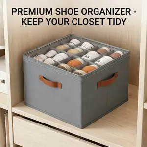 Shoe Storage Box with Transparent Lid, Customizable Compartments for 16 Pairs of Shoes, Adjustable and Foldable Shoe Organizer for Closet, Durable Oxford Fabric, Reinforced Handles for Easy Transport, Space-Saving Design, Ideal for Bedroom, Entryway, Dorm