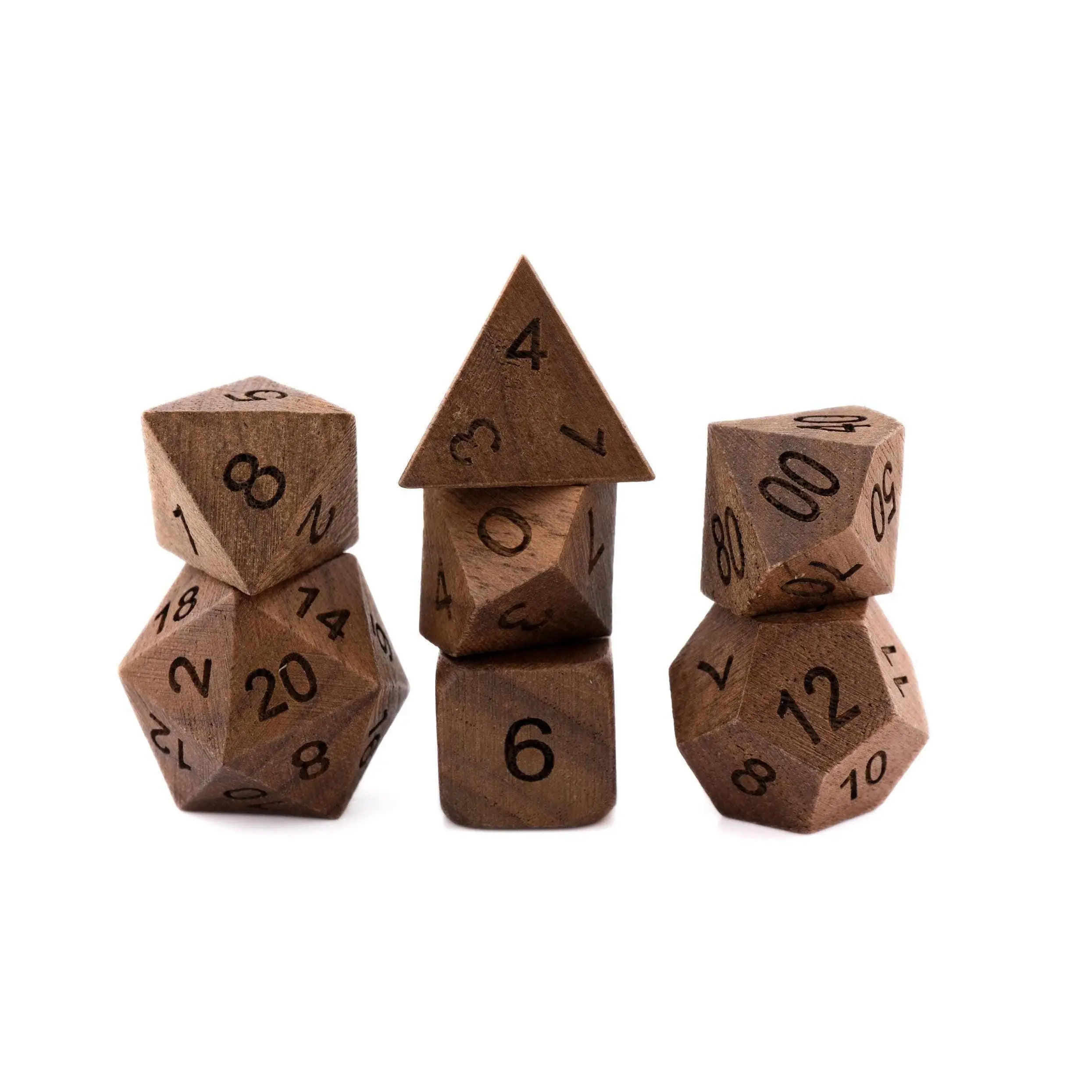 Black Walnut Wood DnD Dice Set - 7-Piece Engraved RPG Dice for Tabletop Roleplaying Games