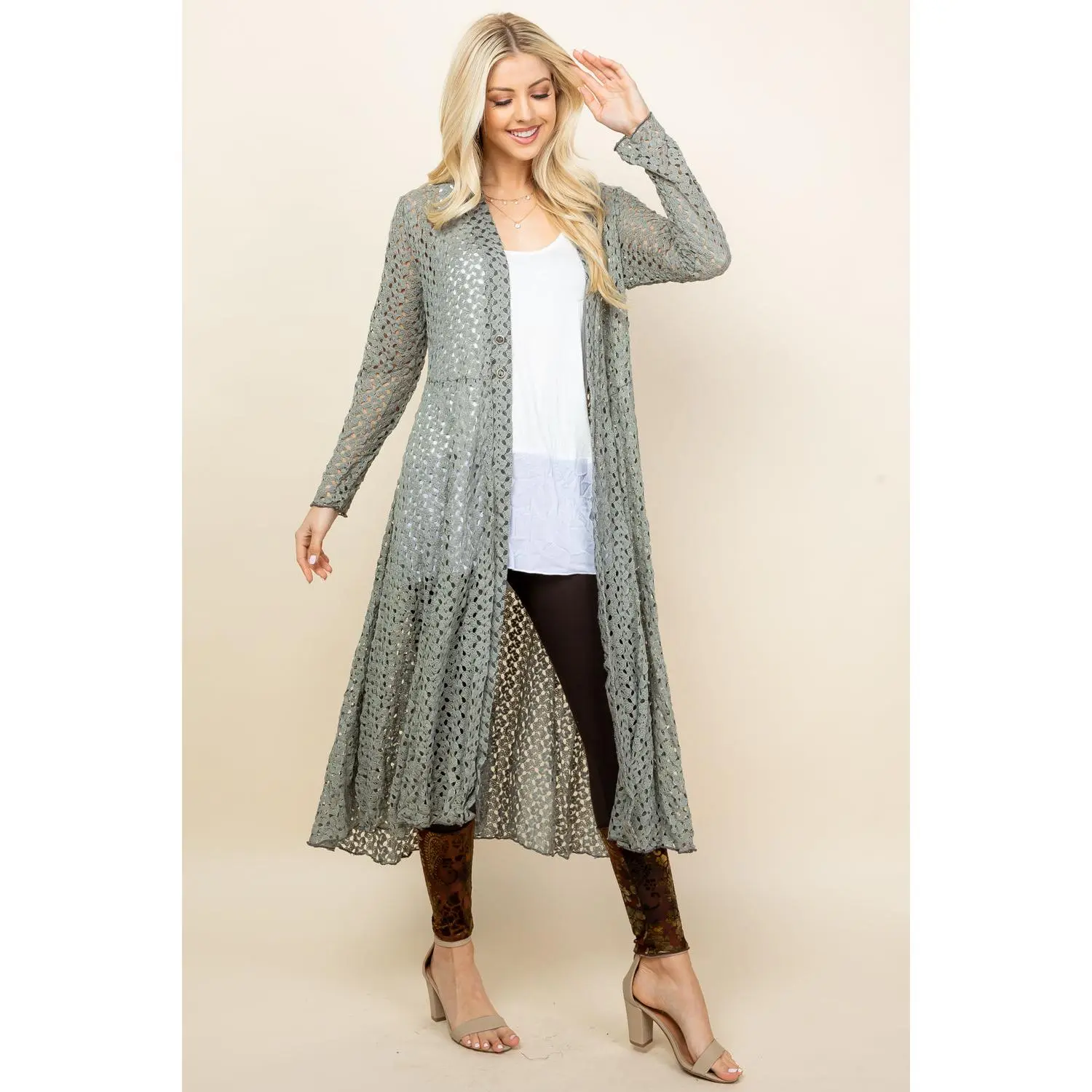 Sage Long Crochet Lace Duster Jacket – Boho Festival Kimono | Kooniez